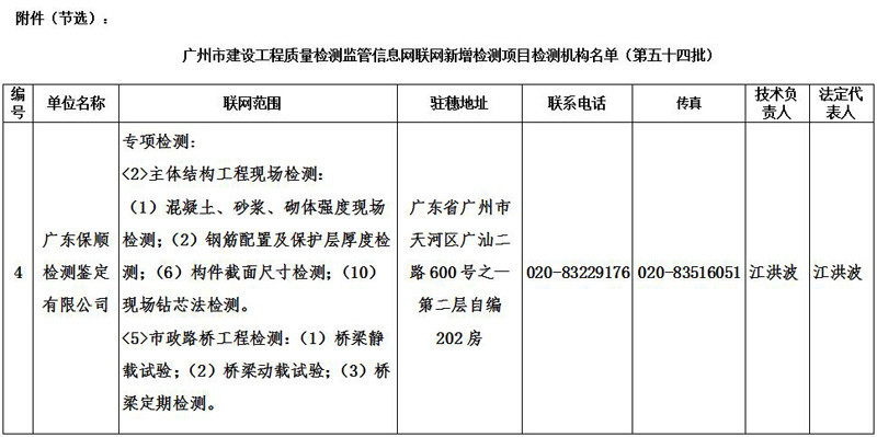 廣州市建設(shè)工程質(zhì)量檢測監(jiān)管信息網(wǎng)聯(lián)網(wǎng)新增檢測項目檢測機(jī)構(gòu)名單（第五十四批）
